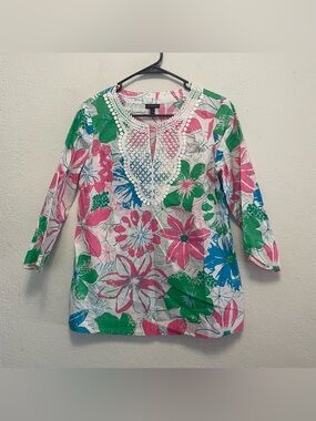 Talbots Lace Embroidered Bib Anguilla Floral Tunic Top Blouse Floral size S